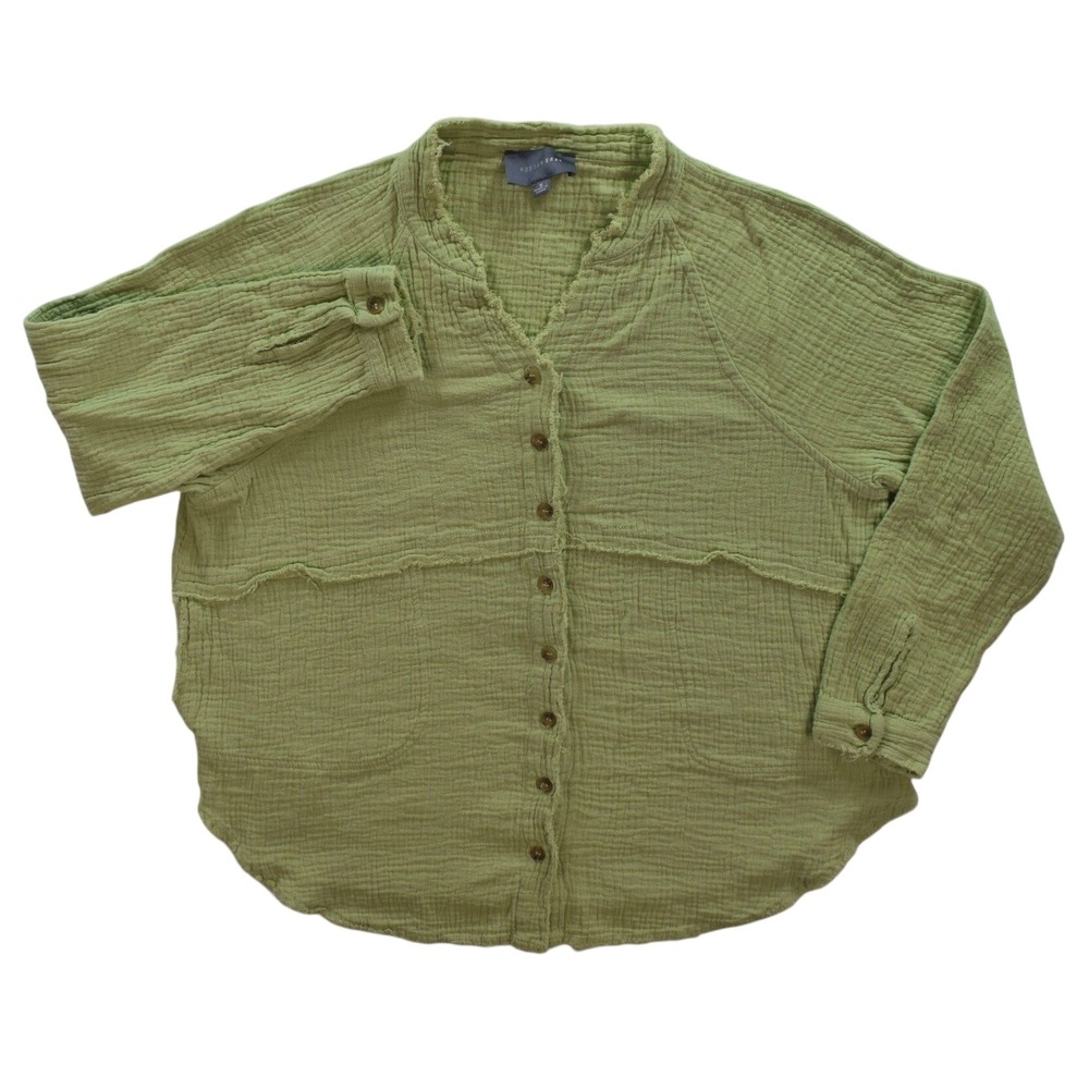 Hudson Gray Green Double Gauze Cotton Button Down Shirt Raw Edge Boho Small